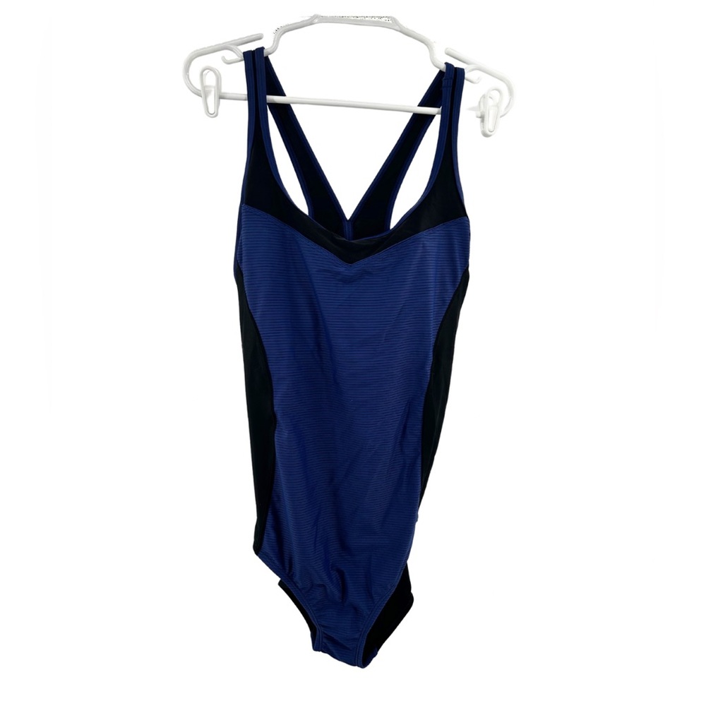 Speedo Black and Blue Women's One Piece Swimsuit XXL striped racer back vacation